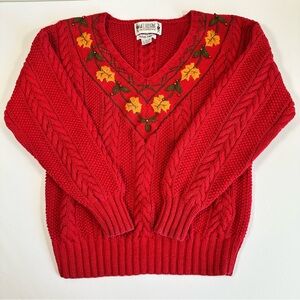 Vintage Melbourne Elements Red Cable Knit Sweater‎ Fall Embroidery Size Small